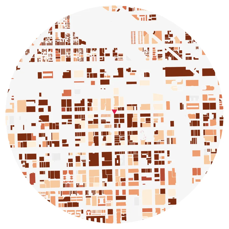 Building age diagram, Fulton Market, West Loop, Chicago, ½-mile radius