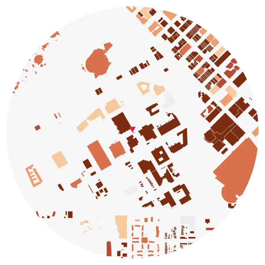 Building age diagram, Auraria Campus (CU Denver), Denver, ½-mile radius