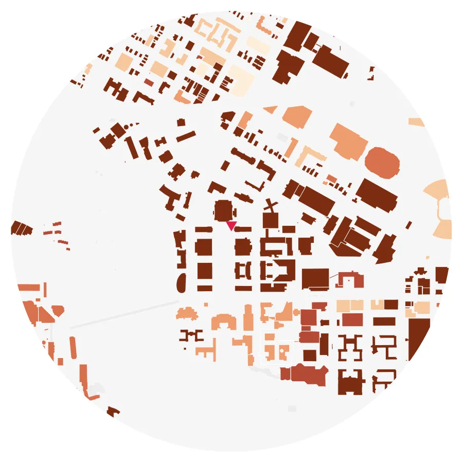 Building age diagram, University of Minnesota, East Bank, Minneapolis, ½-mile radius