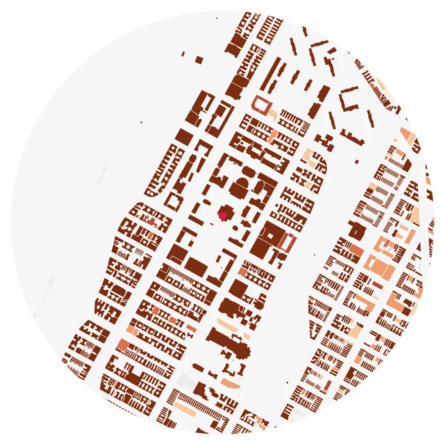Building age diagram, Columbia University, Morningside Heights, New York City, ½-mile radius