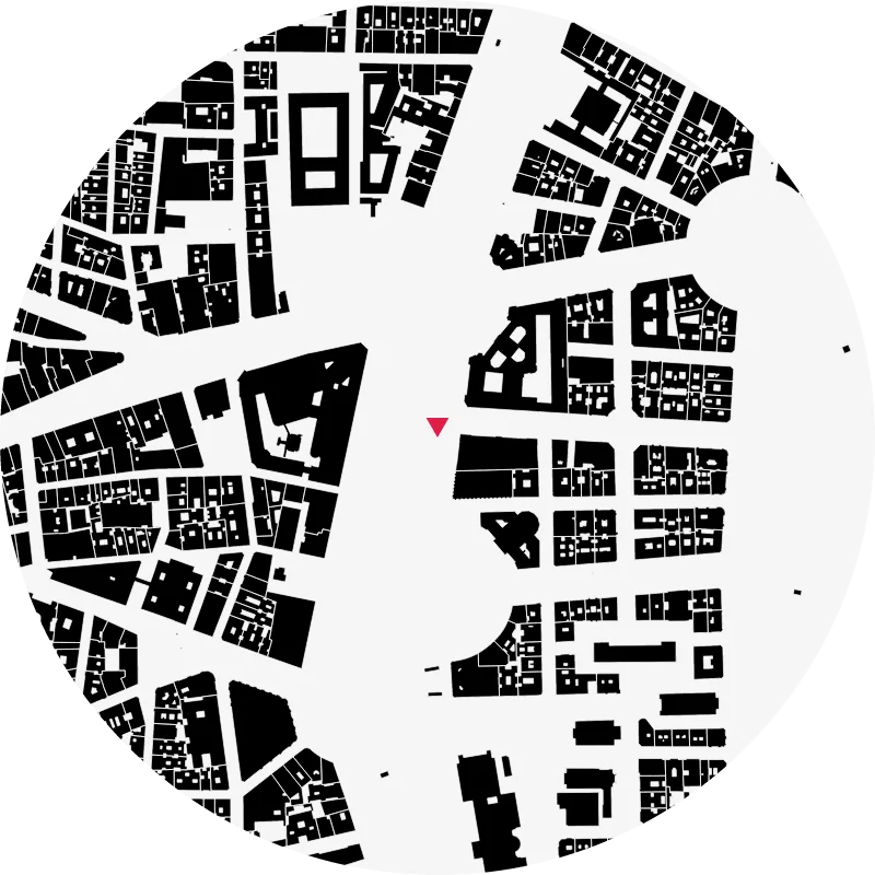Diagrama de edificios en un radio de 500 m del Paseo del Prado, Madrid (huellas de los edificios en negro, figura-fondo)