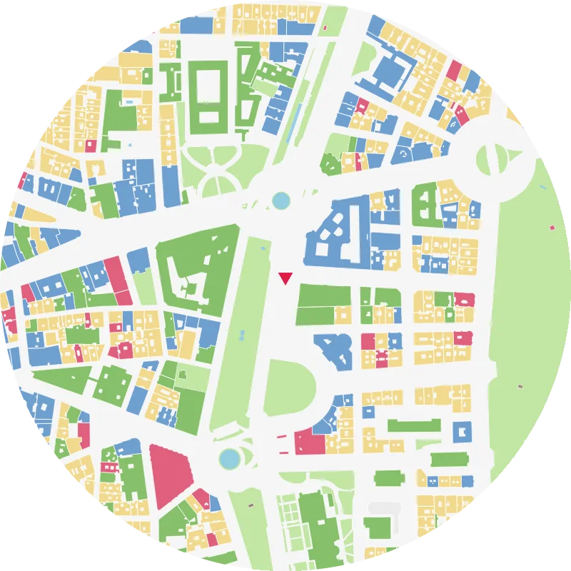 Diagrama de uso de los edificios en un radio de 500 m del Paseo del Prado, Madrid
