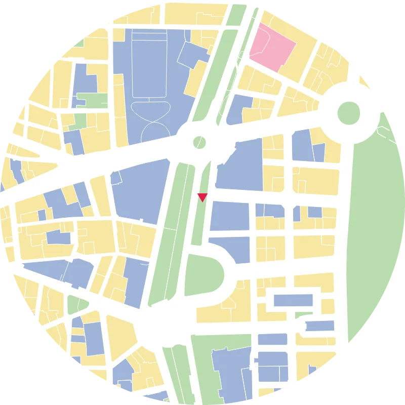 Diagrama de calificación urbanística en un radio de 500 m del Paseo del Prado, Madrid