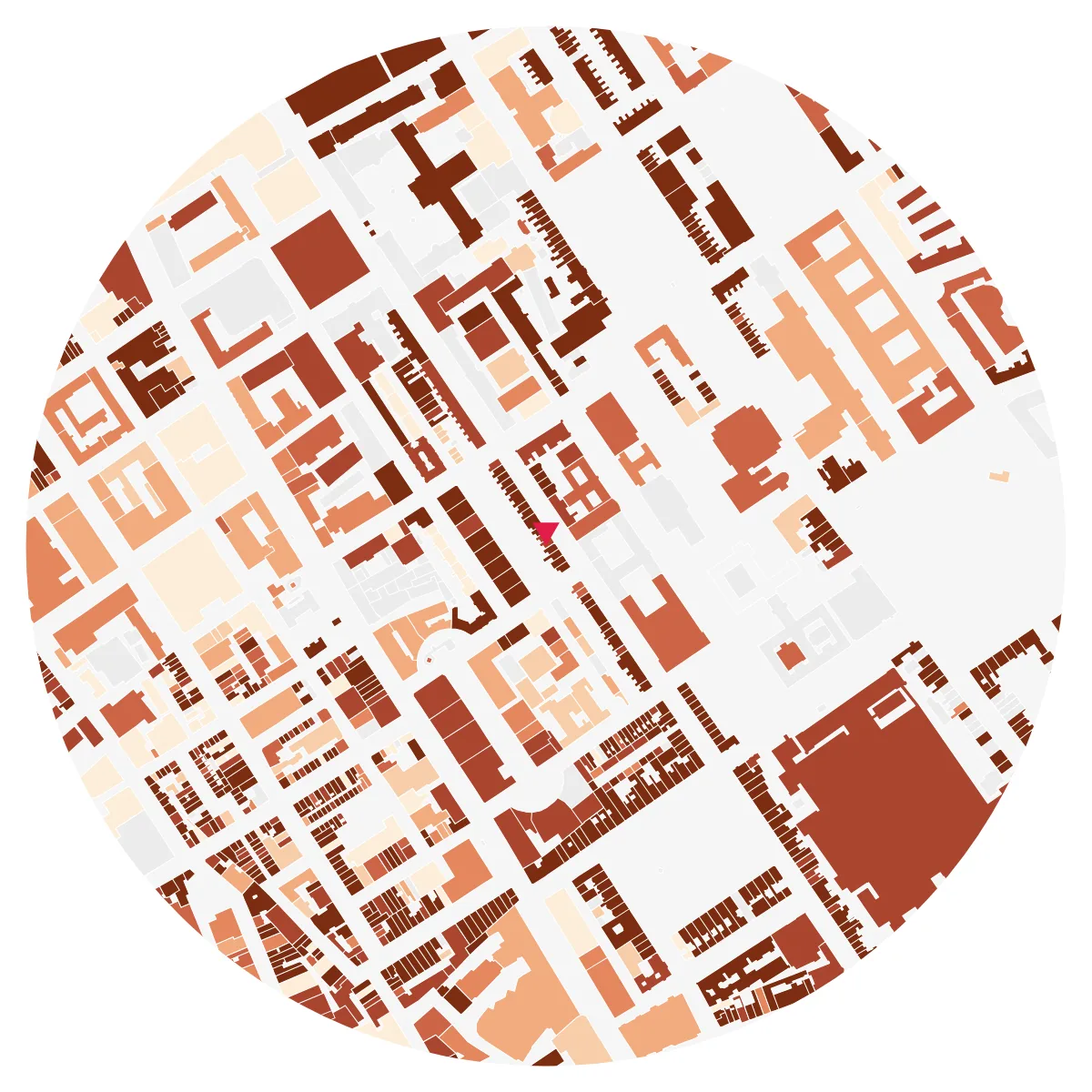 BUILDING AGE plate, Bloomsbury, London, 500 m radius: Georgian terraces in dark red-brown, later buildings in lighter tones, institutional buildings in grey