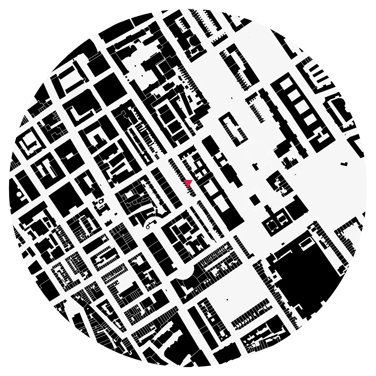 Building footprint diagram, Bloomsbury, London, 500 m radius (black footprints on a light ground)