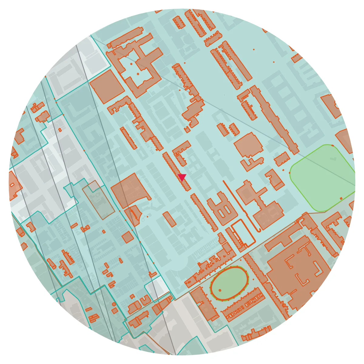 DISTRICTS & ZONES plate, Bloomsbury, London, 500 m radius: conservation areas in teal, listed buildings in orange, LVMF view corridors as grey bands