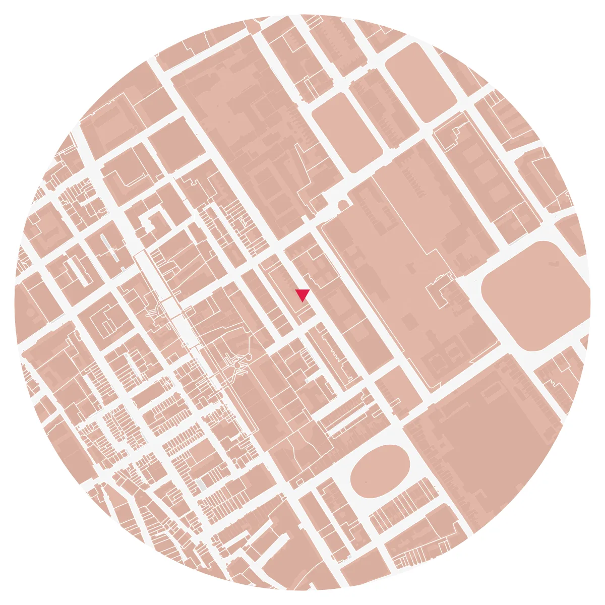 LAND REGISTRY PLOTS plate, Bloomsbury, London, 500 m radius: title polygons as fine white lines on a tinted ground