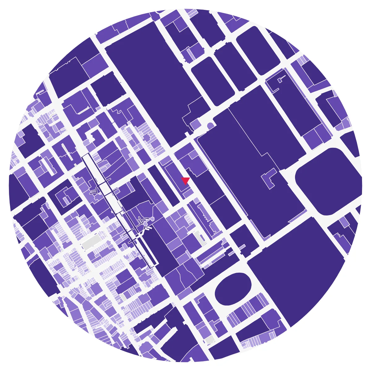 PLOT SIZE plate, Bloomsbury, London, 500 m radius: large titles in dark purple, small terrace titles in pale purple, streets blank