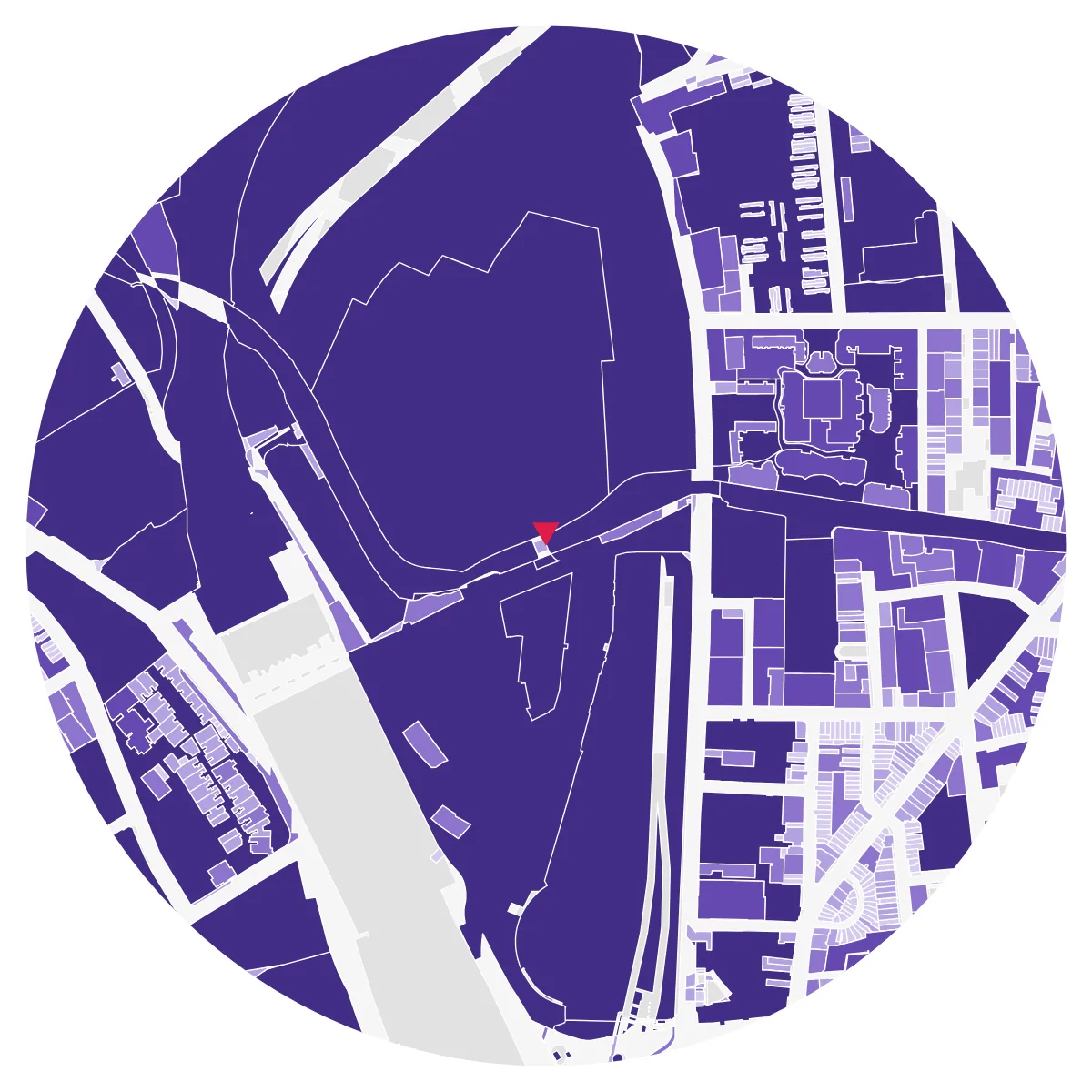 PLOT SIZE plate, King's Cross, London, 500 m radius: very large titles over the railway lands and the King's Cross development