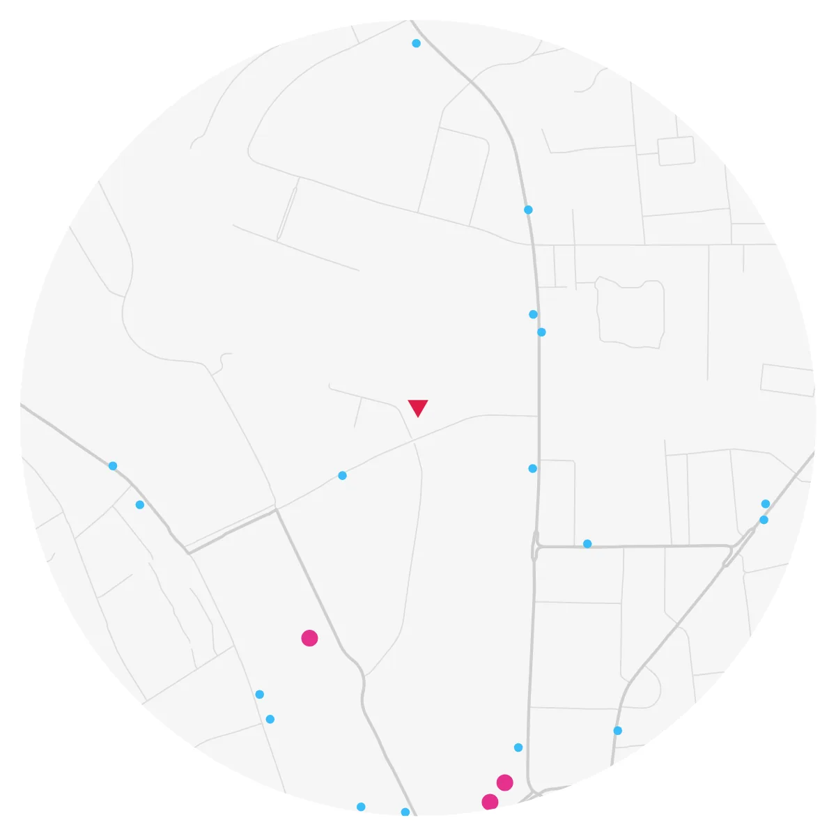 RAIL & BUS plate at King's Cross, London, 500 m radius: stations as large magenta dots, bus stops as small blue dots