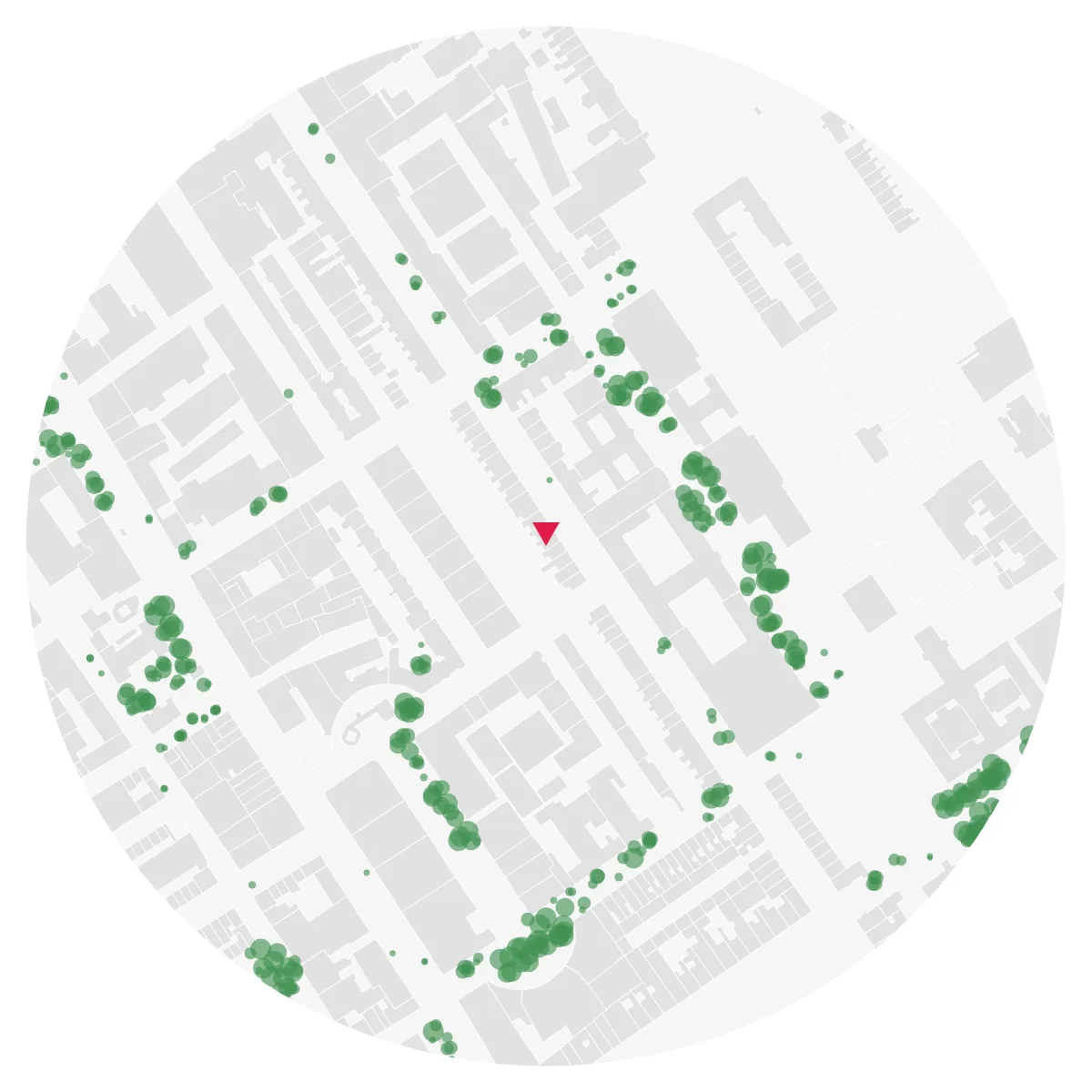 TREES plate, Bloomsbury, London, 300 m radius: street trees as green circles along the streets, buildings in pale grey