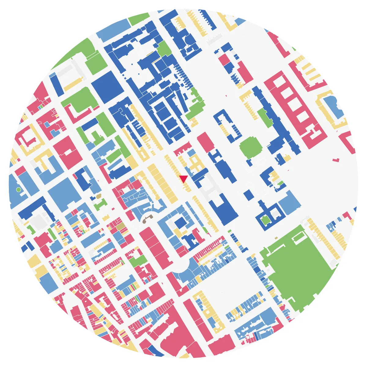 BUILDING USE plate, Bloomsbury, London, 500 m radius: residential in yellow, commercial in red, office and education in blue, public in green